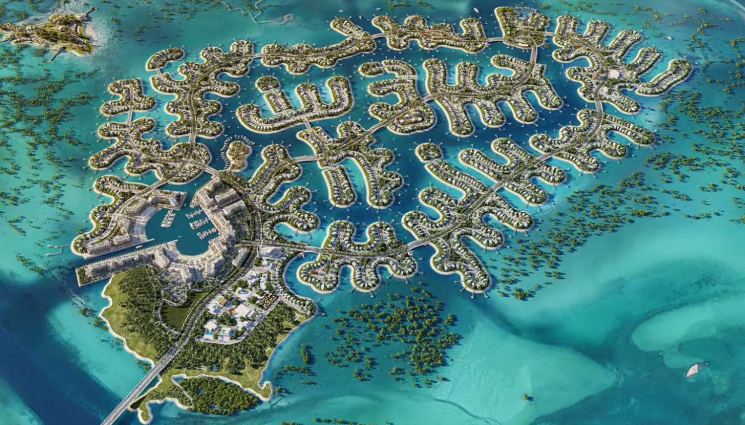 Aerial view of turquoise shallows, sandbanks and mangrove islands off the Abu Dhabi coast around Ramhan Island.