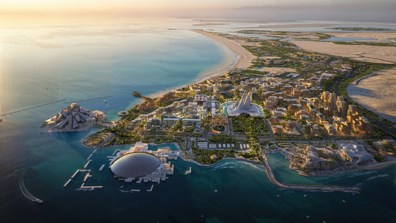 Aerial view of the turquoise shallows and white sand along Saadiyat's protected beach.