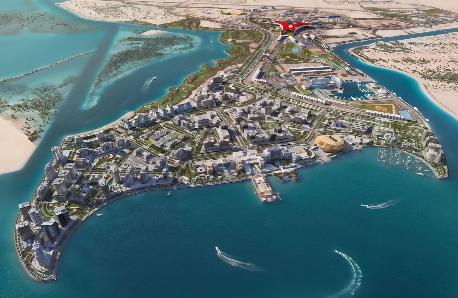 The fairways of Yas Links golf course running down to the water and mangroves on Yas Island.